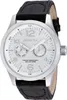 A close-up studio shot of a men's wristwatch with a silver dial and black leather strap. Náhled obrázku produktu