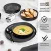 A table setting with a soup bowl, bread, and salt shaker, along with marketing text and icons. Anteprima dell’immagine prodotto