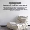 A beige beanbag chair with text overlays highlighting its ergonomic features. Náhľad obrázku produktu
