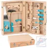 A wooden toolbox filled with toy tools, with the toolbox closed in the foreground. Podgląd zdjęcia produktu