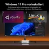 A mini PC is shown connected to a monitor displaying multiple operating system logos and a Windows 11 interface. Produktbild-Vorschau