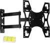 A black TV wall mount and a small spirit level are shown against a white background. Produktbild-Vorschau