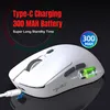 A white gaming mouse is shown with text overlays highlighting its features. Produktbild-Vorschau
