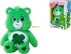 A green plush toy bear with a shamrock on its belly and a box containing a similar bear. Produktbild-Vorschau