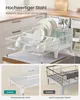 A collage showing a white dish drying rack with dishes, glasses, and cutlery, and two comparison images. Produktbild-Vorschau