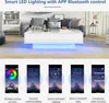 A white coffee table with LED lighting and screenshots of a control app displayed below. Voir les images du produit