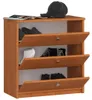 A wooden shoe cabinet with three flip-down compartments, each containing shoes. A baseball cap and a magazine are on top of the cabinet. Anteprima dell’immagine prodotto