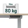 A close-up of a height-adjustable desk frame with a weight being demonstrated. Produktbild-Vorschau