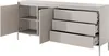 A beige sideboard with a fluted front, open doors revealing shelves, and three open drawers. Produktbild-Vorschau