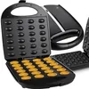 An open waffle maker with 24 indentations, some of which contain cooked waffle batter. Voir les images du produit