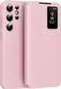 A pink flip case for a smartphone is shown with the cover open, revealing the phone's screen displaying the time and date. Náhled obrázku produktu
