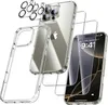 A clear protective case, screen protector, and camera lens protector are displayed with an iPhone. Produktbild-Vorschau