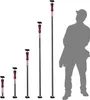 Several telescoping poles of varying lengths are displayed next to a silhouette of a person for scale. The poles have red handles and black bases and tops. Produktbild-Vorschau