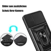 A close-up of a black phone case with a camera slider and ring holder, with inset images showing how to remove and install the slider. Produktbild-Vorschau