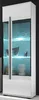 A modern white high-gloss display cabinet with glass doors and internal LED lighting. Produktbild-Vorschau