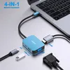 A blue USB-C hub adapter is connected to a laptop, with various cables and devices plugged into it, showcasing its multiple ports. Produktbild-Vorschau