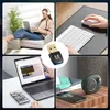 Collage of images showing a woman using a laptop and headphones, a desk setup with a keyboard and mouse, a laptop with a phone, and a small speaker with a phone. Produktbild-Vorschau