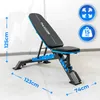A fitness bench is shown in a studio setting with dimensions and weight capacity indicated. Náhľad obrázku produktu