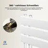 Close-up of a white radiator with text describing its features and a small inset image showing a welding process. Náhled obrázku produktu