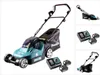 A collage of images showing a teal and black Makita cordless lawnmower, batteries, and a charger. Podgląd zdjęcia produktu