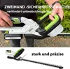 A person is holding a hedge trimmer, with text overlays describing its features. A second image shows the hedge trimmer itself. Produktbild-Vorschau
