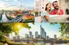 A collage of four images: a cityscape with a river and tower, a couple looking at a map, a cityscape with skyscrapers and a bridge, and a sunlit park path. Produktbild-Vorschau