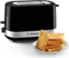 A black Bosch toaster with a silver accent strip, next to a stack of toasted bread on a plate. Anteprima dell’immagine prodotto
