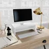 A white monitor stand on a wooden desk, with a computer monitor, keyboard, mouse, lamp, notebook, and a decorative deer figurine. Anteprima dell’immagine prodotto
