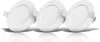 Three white circular LED panel lights are arranged in a row, reflecting on a white surface. Produktbild-Vorschau