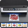A vacuum sealer machine is shown sealing a package of raw meat. Below the machine are four smaller images showcasing different food items that can be vacuum-sealed. Náhľad obrázku produktu
