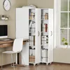 A white mobile bookshelf with books on shelves, next to a desk and chair in a room with a window. Produktbild-Vorschau