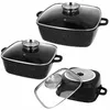 Three square pots with glass lids are displayed against a white background. One pot is shown from a top-down perspective, another from a three-quarter angle, and the third is shown upside down with its lid removed. Produktbild-Vorschau