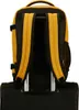 The back of a yellow and black backpack is shown attached to the handle of a black rolling suitcase. Produktbild-Vorschau