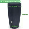 A dark grey rain barrel with dimensions and capacity indicated by text overlays. Produktbild-Vorschau