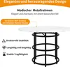 A round table with a marble-like top and a black metal base, with text overlays describing its features. Produktbild-Vorschau