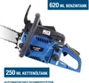 A blue and black Hyundai chainsaw is shown against a white background, with text overlays highlighting its features. Produktbild-Vorschau