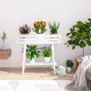 A white wooden plant stand with several potted plants on it, placed against a white wall. Produktbild-Vorschau