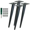 Four black metal table legs with mounting plates, along with a screwdriver and a set of screws, are arranged on a white background. Produktbild-Vorschau