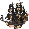 A detailed 3D wooden model of a pirate ship with black sails adorned with gold seahorse and anchor emblems, set against a white background. Náhled obrázku produktu