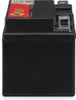 A side view of a black motorcycle battery with a red and yellow label. Produktbild-Vorschau