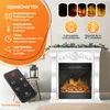 A marketing image for an electric fireplace, showing its features and the product itself. Produktbild-Vorschau