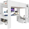 A white loft bed with a desk and shelves underneath, set against a white background. Náhled obrázku produktu