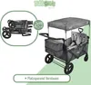 A FableKids Leo X4Plus Fossil Grau wagon is shown in use, with a folded version of the wagon shown in a circle on the left. Produktbild-Vorschau