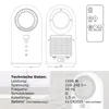 A technical illustration and specification sheet for a bladeless fan heater, including a remote control. Produktbild-Vorschau