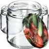 Several empty glass jars are arranged together, with one jar in the foreground featuring a plastic wrap with an image of tomatoes and cucumbers. Produktbild-Vorschau