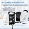 Two white and black portable ventilators are shown on a table in front of a window with white curtains. Text overlays describe the product's features. Voir les images du produit