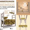 Diagrams and images illustrating the dimensions and features of a metal firewood rack. Podgląd zdjęcia produktu