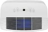 A white dehumidifier with a blue grille is shown from the front, displaying its control panel. Náhled obrázku produktu
