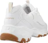 A close-up, rear-facing view of a white Skechers D'Lites sneaker with tan accents and a brown sole. Produktbild-Vorschau