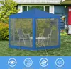 A blue hexagonal gazebo with mesh walls is set up on a green lawn in front of a house. Produktbild-Vorschau